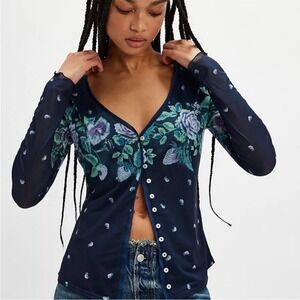 Free People Home Grown Mesh Cardi Navy Blue Combo Floral Button down‎ Small NWOT